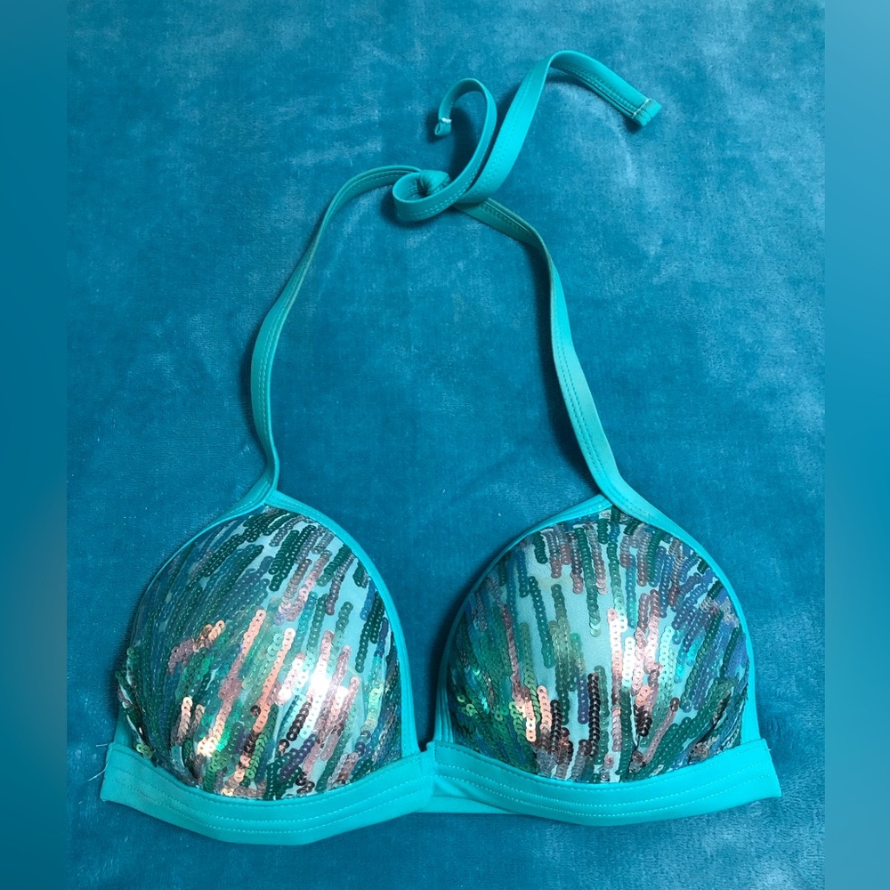 New Venus Bikini Top, Aqua Sequins. Size DD